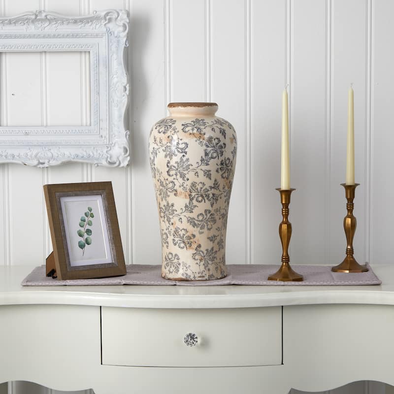 16" Tuscan Ceramic Floral Scroll Urn Vase