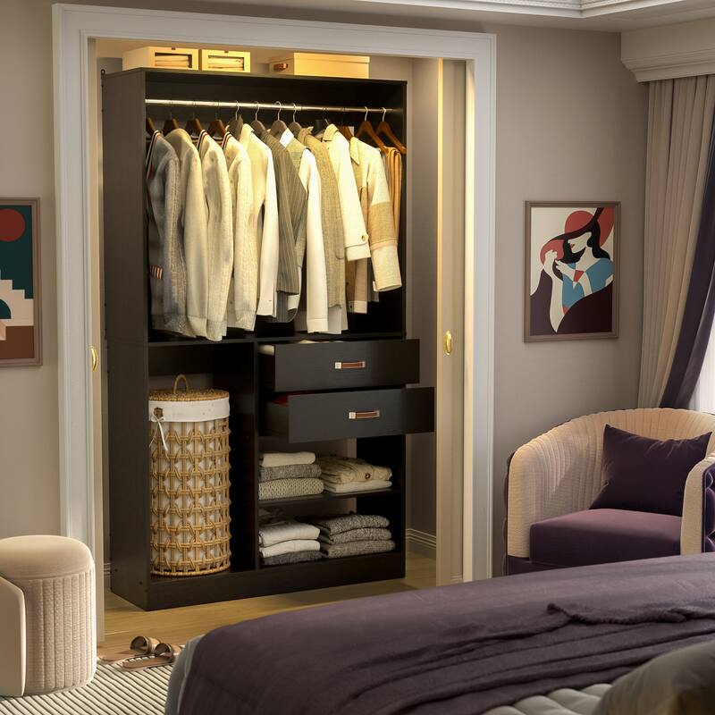 Rackcog Freestanding Closet Organizer with Hanging Rod, Closet System Wardrobe with Wood Drawers