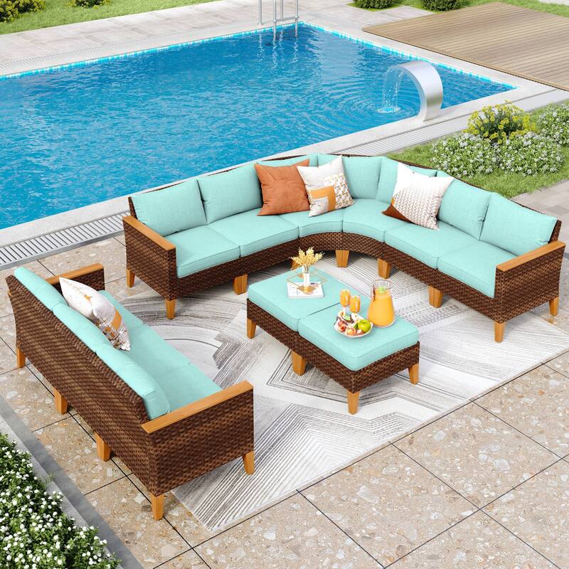 12-Seat Outdoor Wicker Half-Round Furniture Set, Half-Moon Sectional Sofa All Weather Curved Conversation Set - 11-Seat - Type N