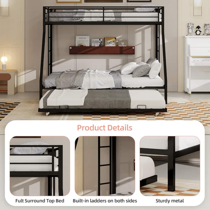 Modern Square Tube Bunk Bed with Ladder and Rolling Trundle Bed