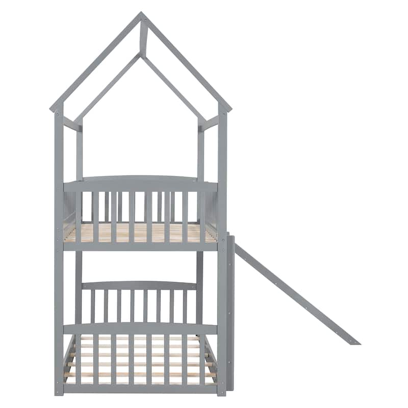 Roomfitters Twin Over Twin Bunk Bed with Slide, House Bed Frame with Ladder, Gray