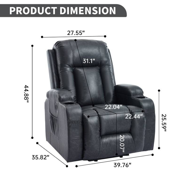 Roomfitters Heavy Duty Power Lift Recliner, PU Leather Massage Chair with Heat, USB Port and Dual Cup Holders