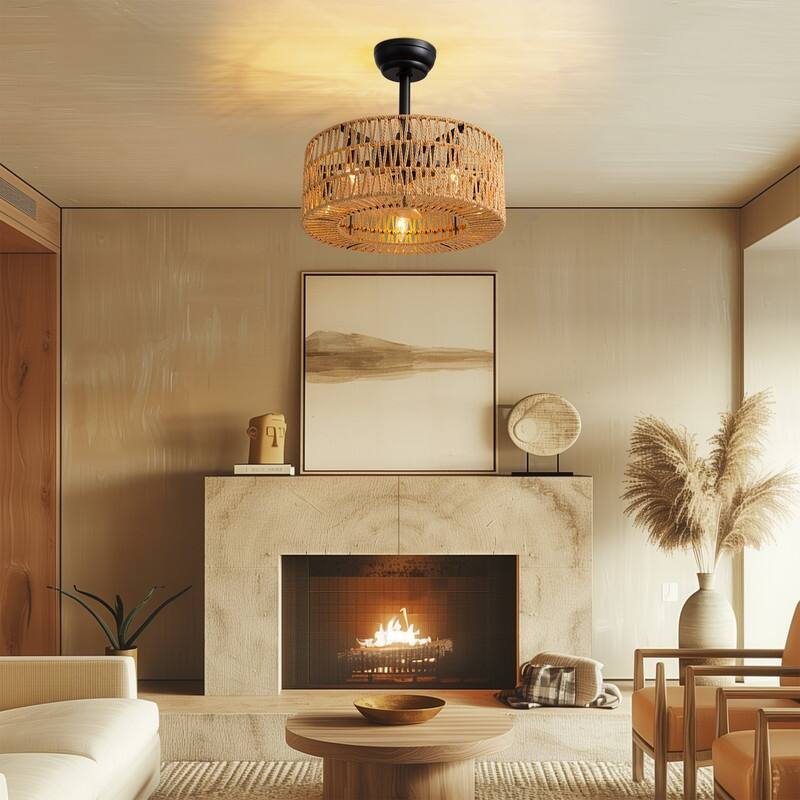18 in. Boho Caged Ceiling Fan with Light Rattan Farmhouse Fandelier Low Profile Ceiling Fan for Bedroom Kitchen Living Room