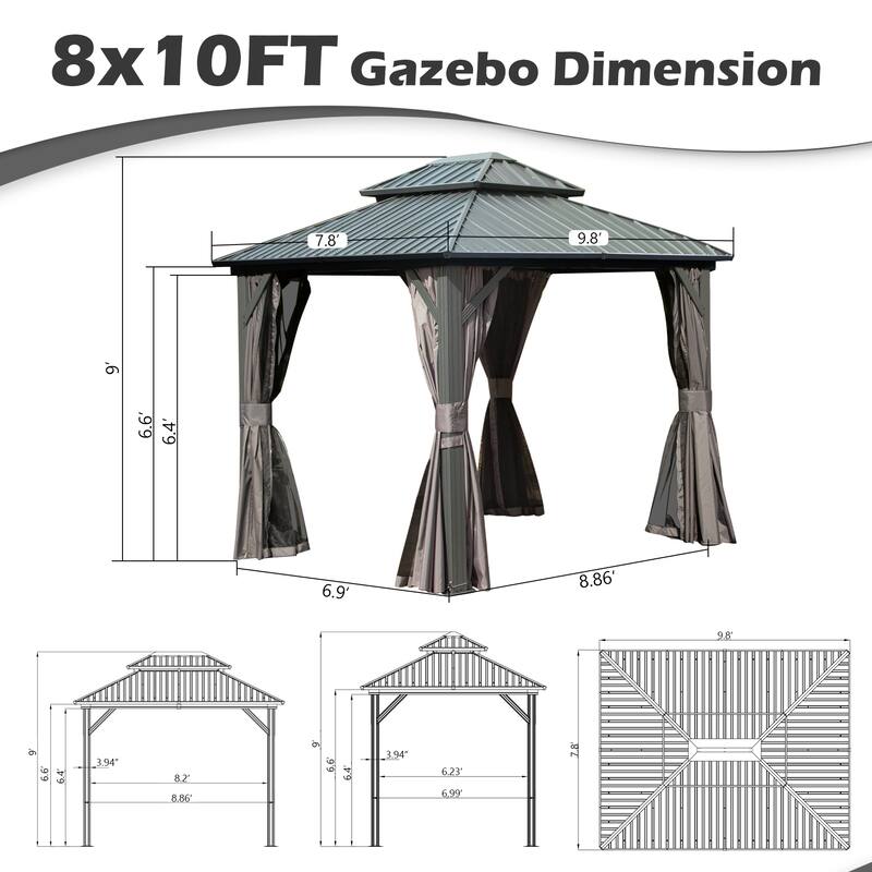 8' x 10' Permanent Metal Gazebo with Double Roof, Curtains, and Netting for Outdoor Gatherings