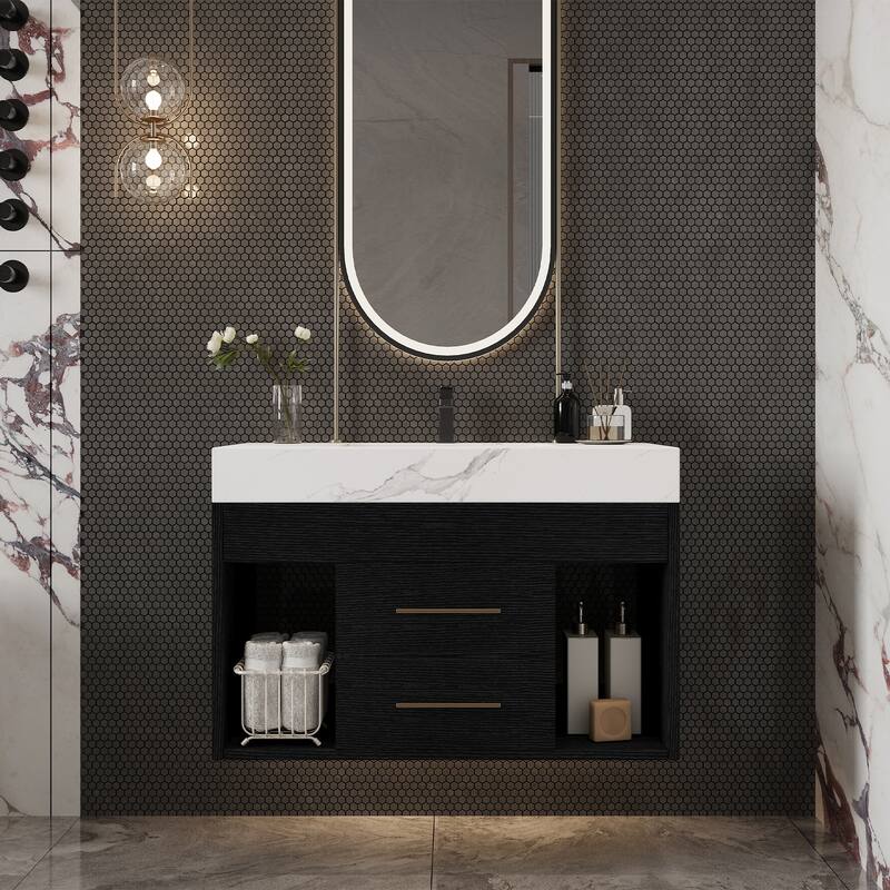 GDFStudio - Modern 29.9" Floating Bathroom Vanity with Sintered Stone Top, Ceramic Sink & U-Shape Drawers