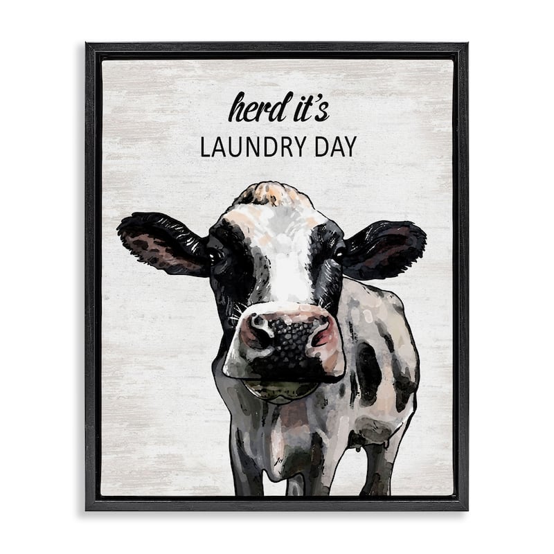 Stupell Herd It's Laundry Day Cow Framed Floater Canvas Wall Art Design By Lettered and Lined - 17 x 21 - Black