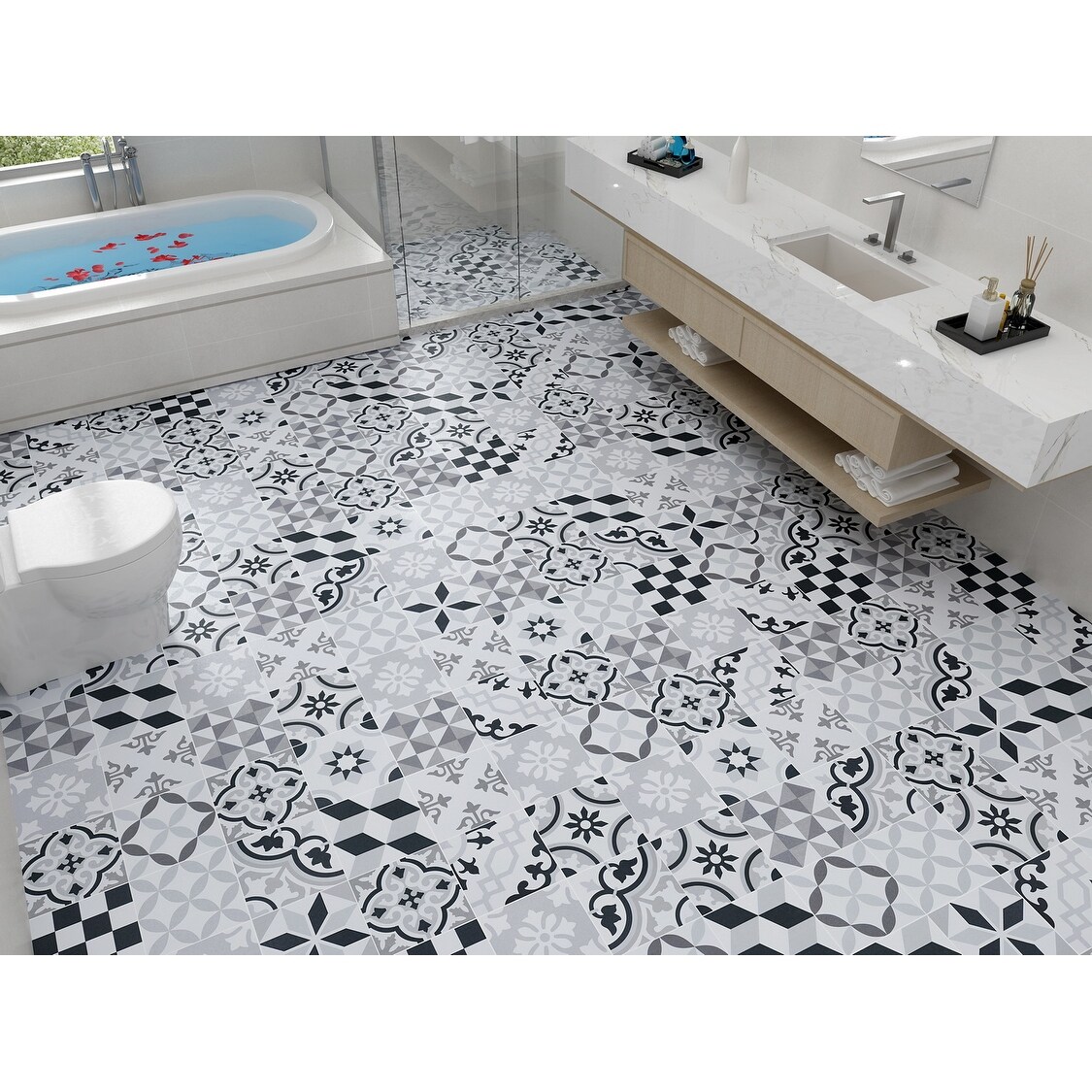 Mix Patchwork 8x8 Ceramic Tile For Floor Wall In Black Grey White Overstock 31967488