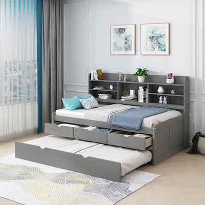 Twin Size Wooden Captain Bed with Built-in Bookshelves,3 Drawers and Trundle