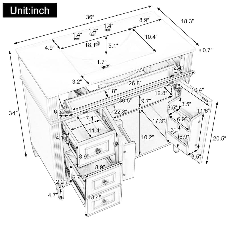 Modern 36 Inch Bathroom Vanity with Ceramic Sink, Solid Wood Frame Bathroom Storage Cabinet with Drawers and Gold Handles