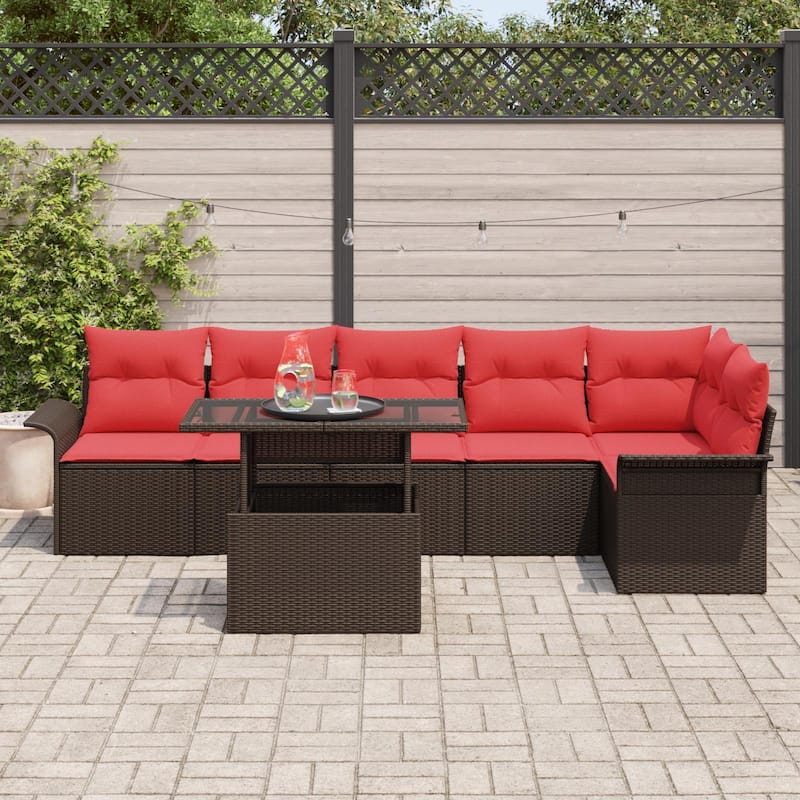 vidaXL 7 Garden Sofa Set with Cushions Black/Brown/Grey Poly Rattan - 92.1 x 52.2 x 27.2
