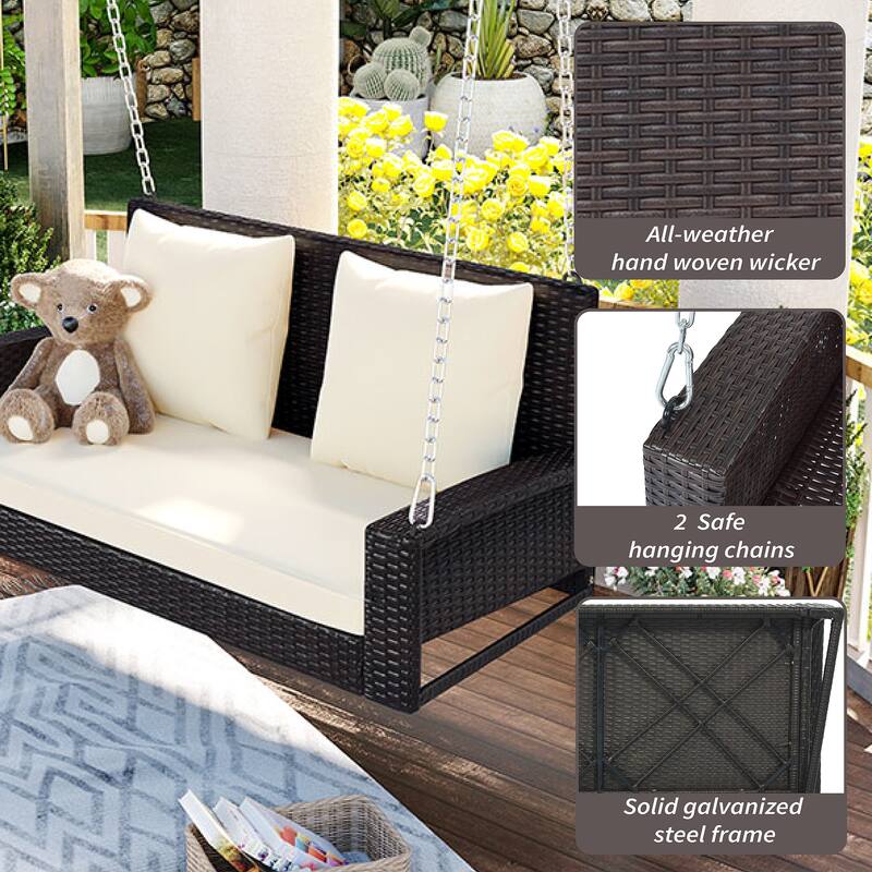 2-Person Wicker Hanging Porch Swing with Chains, Cushion & Pillow