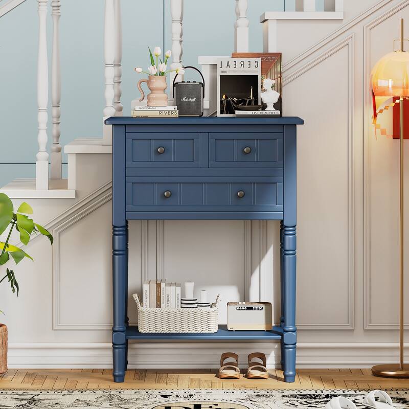 Narrow Console Table, Slim Sofa Table with Three Storage Drawers and Bottom Shelf
