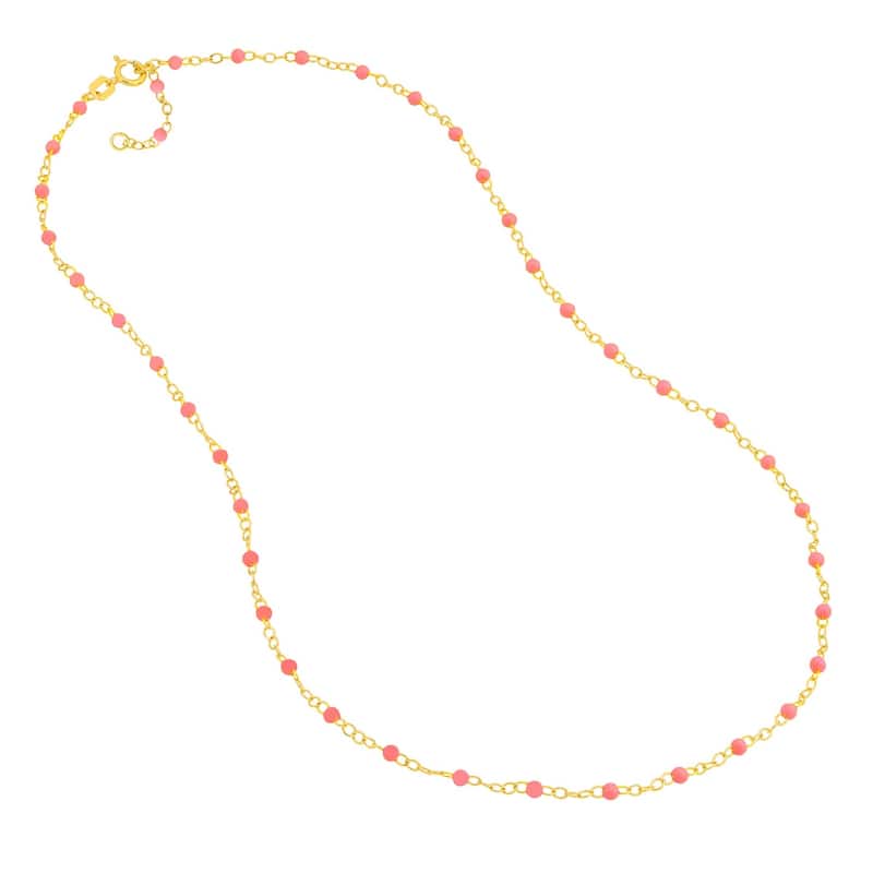 Curata 14k Yellow Gold 18" Light Pink Enamel Bead Piatto Chain Necklace (Spring-ring)