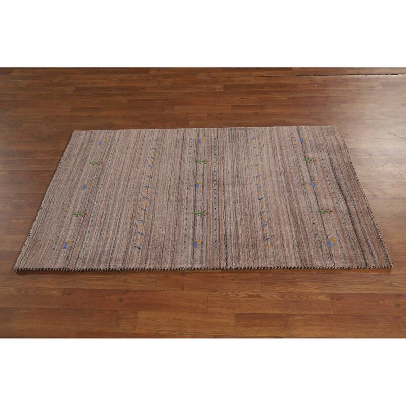 Hand Knotted Oriental 100% Wool Carpet Tribal Stripe Brown Gabbeh Area Rug - 4' 10'' X 3' 0''