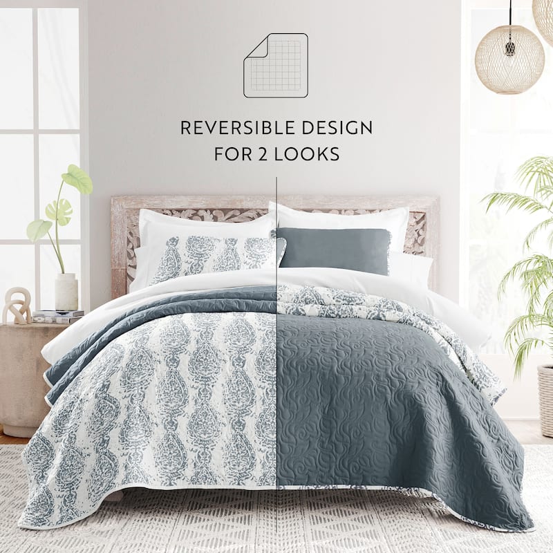 Becky Cameron All Season 3 Piece Distressed Damask Reversible Quilt Set with Shams