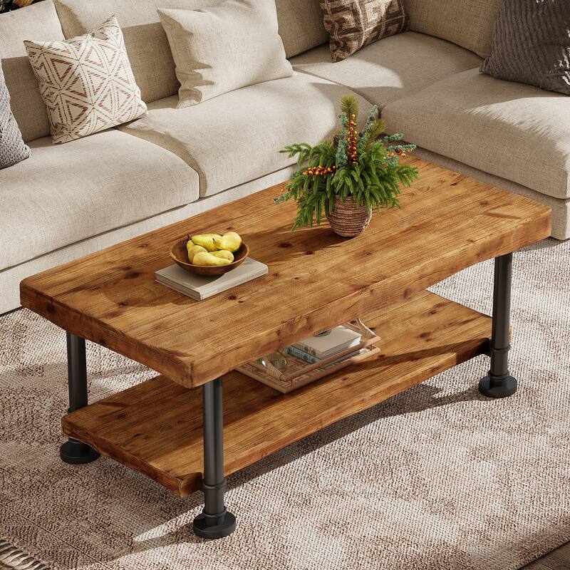 Farmhouse Coffee Table with Storage Solid Wood 2-Tier Center Table for Living Room - Brown+Black