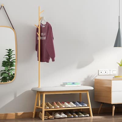 Coat Rack Bamboo Entryway Shoe Bench with Storage Shelf