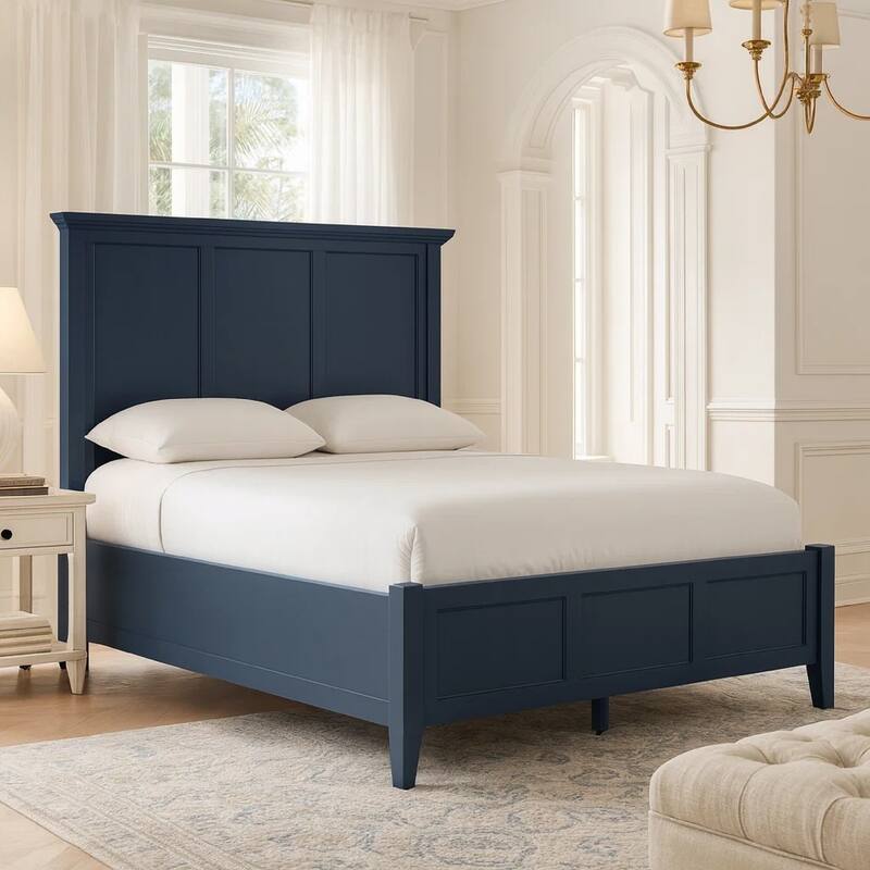 Fritz King Size Bed, Three Panel Design, Beveled Top, Solid Wood, Blue