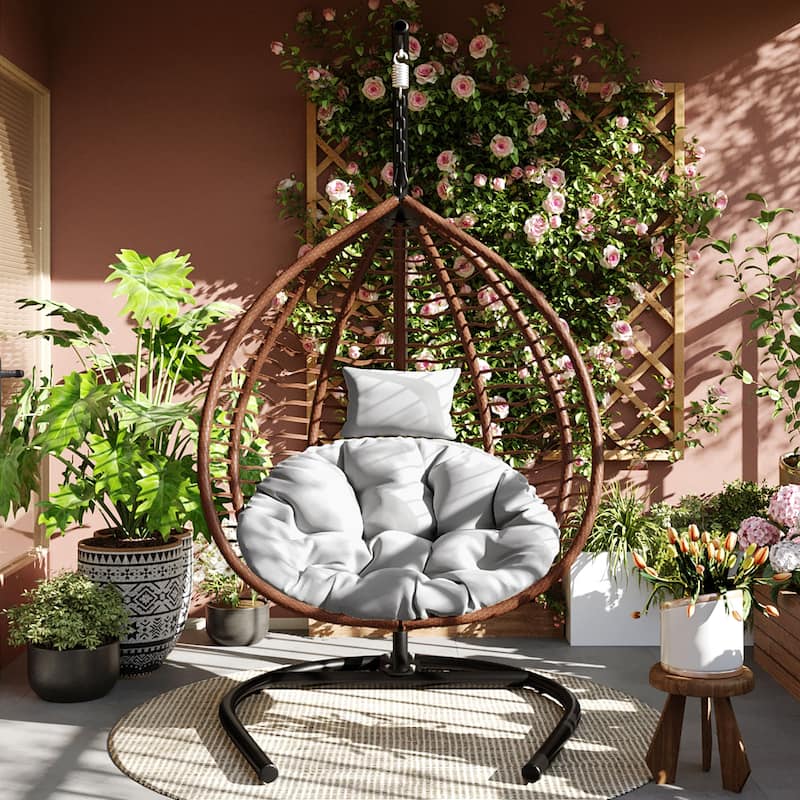 Hanging Hammock Chair with Stand, Foldable Rattan Egg Swing Chair with Iron Frame and Plush Cushion & Removable Headrest
