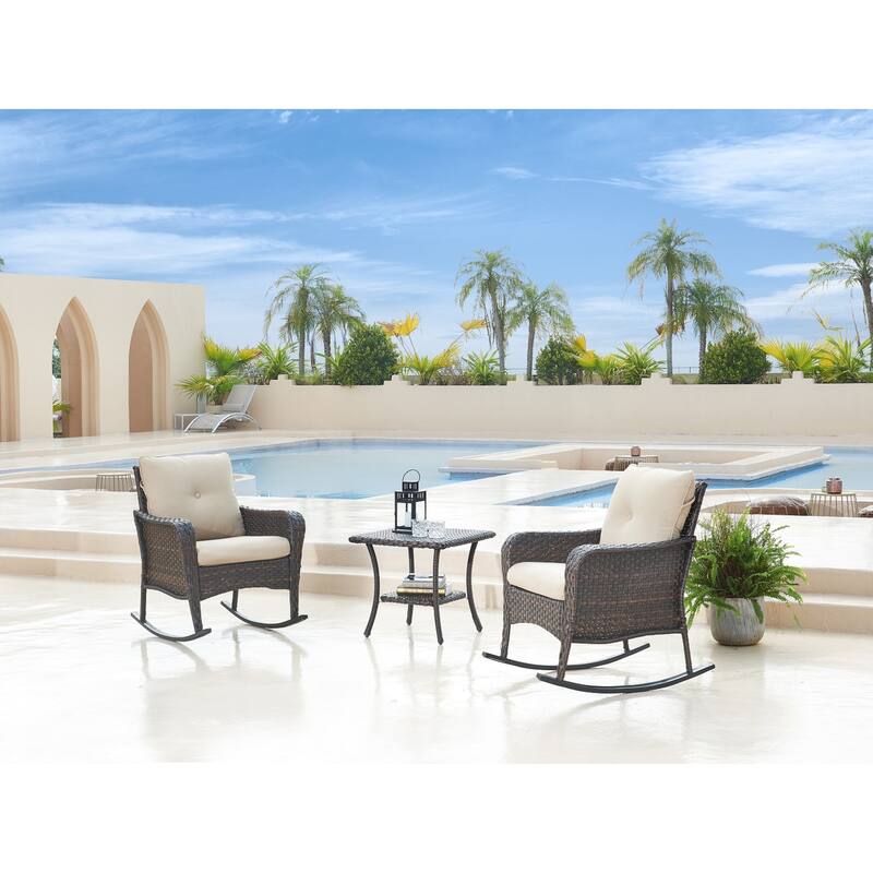 Pocassy 3-Piece Outdoor Wicker Rattan Rocking Set - Brown/Beige