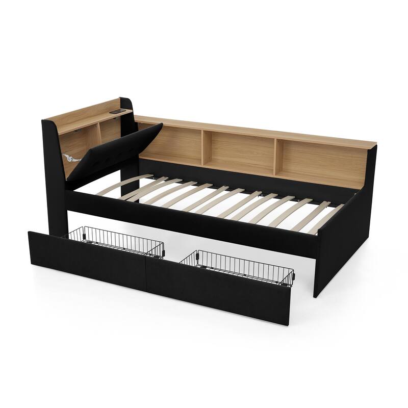 Multi-functional Velvet Daybed with Storage, LED Lights, and Wireless Charging, Twin Size