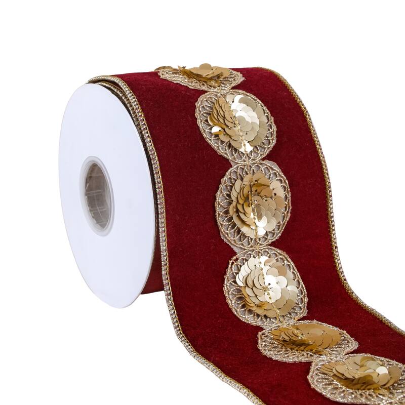HGTV Home Collection Sequin Trim Velour Velvet Ribbon, Burgundy, 4 in - 4 in