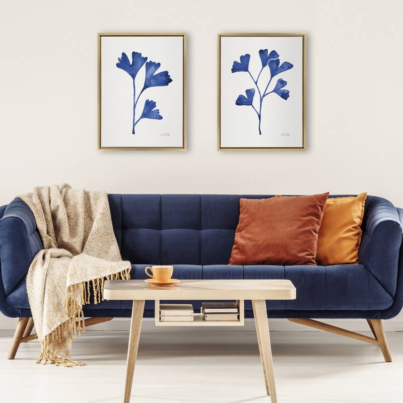 Kate and Laurel Sylvie Navy Ginkgo and Navy Ginkgo Trio Framed Canvas by Cat Coquillette