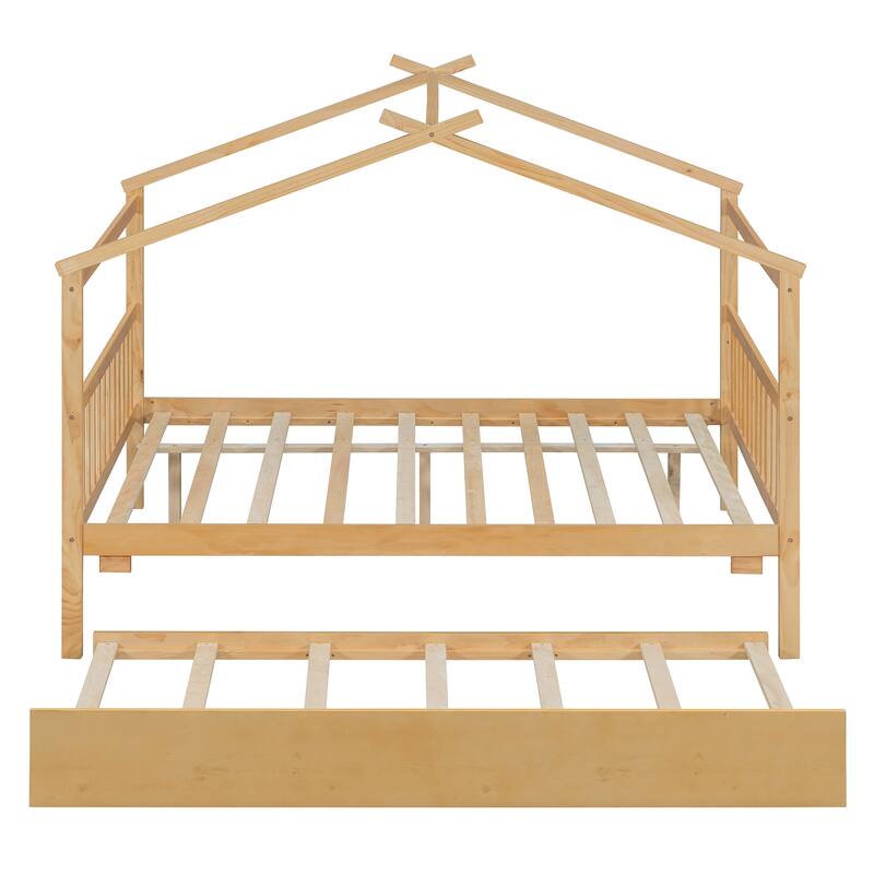Solid Wood House Platform Bed Frame with Trundle Bed and Roof