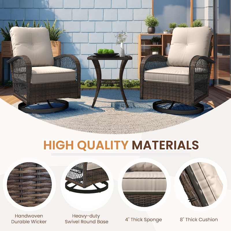 Outdoor Swivel Rocker Bistro Set - 3 Piece Wicker Patio Set with Swivel Rocking Chairs, Cushions, and Tempered Glass Side Table
