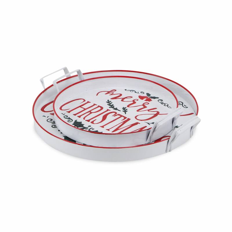 HomeRoots Set of Two White Round Metal Christmas Handmade Serving Tray With Handles - 17.75 in. x 2.50 in. x 16.00 in.