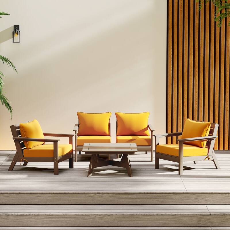 Birchwood All Weather HDPE Outdoor Patio Weathered Wood Deep Seating Conversation Set (5-Piece Set) - Weathered Wood/Yellow