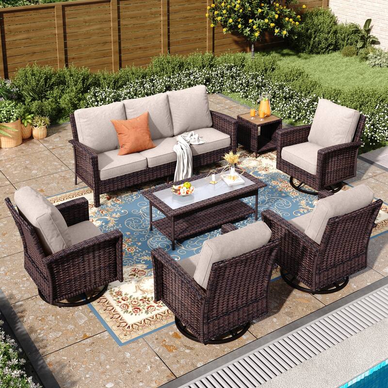 MAISON ARTS 7-Piece Extra-Large Patio Wicker Sofa Conversation Set with Table, Oversize Seat with 5.5'' Thick Padded Cushion - 7 Seats + 47'' Table + 17'' Rattan Table - Beige