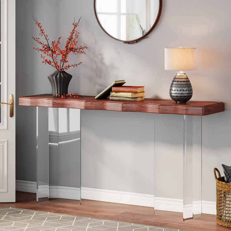 47-Inche Console Sofa Table with Wood Top and Acrylic Sleds for Entryway Hallway Living Room - Dark Walnut
