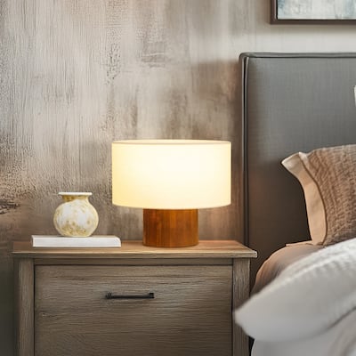 Brightech Oliver 10.5 in Polished Walnut Mid-Century 9W 800Lm 3000K Dimmable LED Modern Round Table Lamp With Cream Drum Shade