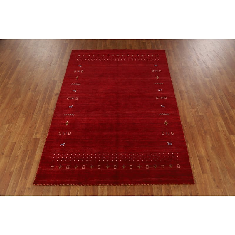 Tribal Gabbeh Indian Area Rug Handmade Modern Red Wool Carpet - 5'0" x 7'7"