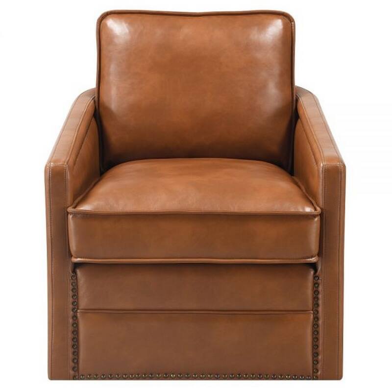 Roco 34 Inch Accent Chair with Swivel, Faux Leather Upholstery, Brown