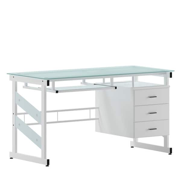 slide 2 of 12, White Computer Desk with Frosted Glass Top and Three Drawer Pedestal Frosted/White