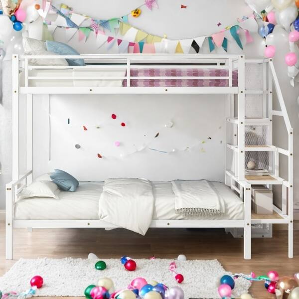 slide 2 of 12, White Twin over Full Metal Bunk Bed with Storage Staircase and Small Open Wardrobe White