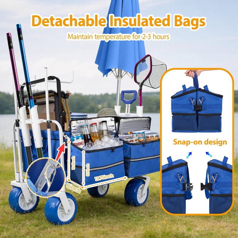Beach Wagon Cart with Chair Racks & Fishing Rod Holders, 9" All-Terrain Wheels, Removable Cooler & Storage Bags