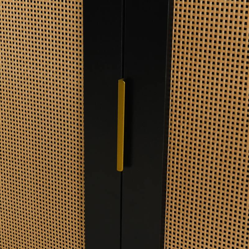Curved Black Sideboard with Woven Rattan Doors and Open Storage