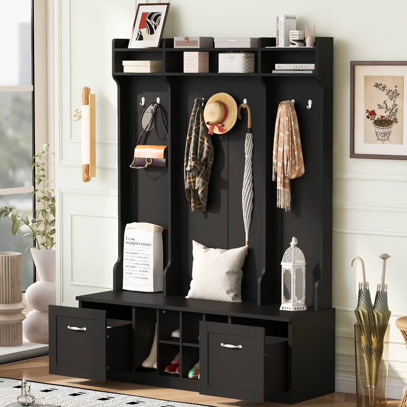 Modern Hall Tree Cabinet with Bench & Adjustable Shelves, Entryway Storage Cabinet Coat Rack with Walk-in Closet