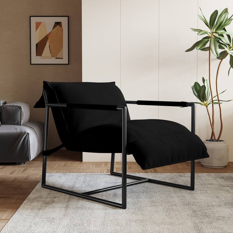 Mid-century Metal Sling Upholstered Armchair with Lengthen Upholstered