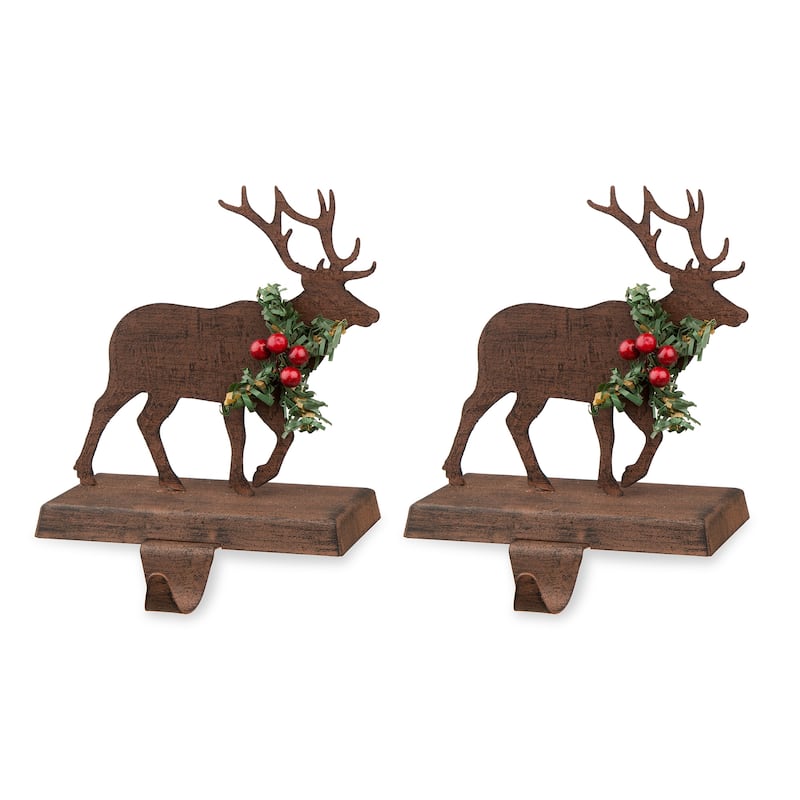 Glitzhome Christmas Dachshund Reindeer Red Car Stocking Holders Rustic Mantel Ornament