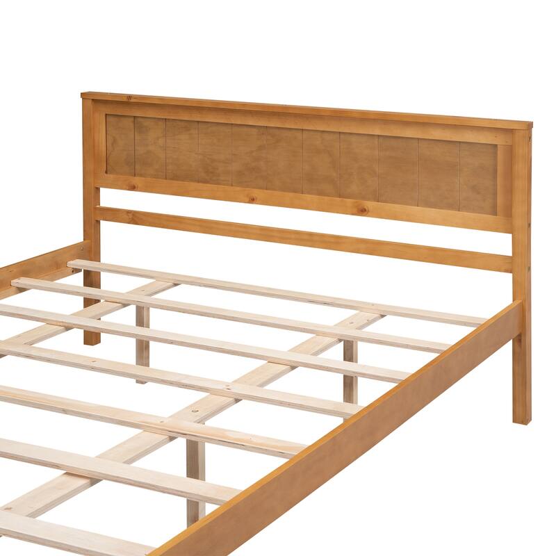 Queen Size Wooden Bed Frame, Low-Profile Platform Bed with Slat and Center Legs Support for Bedroom, Apartment, Brown