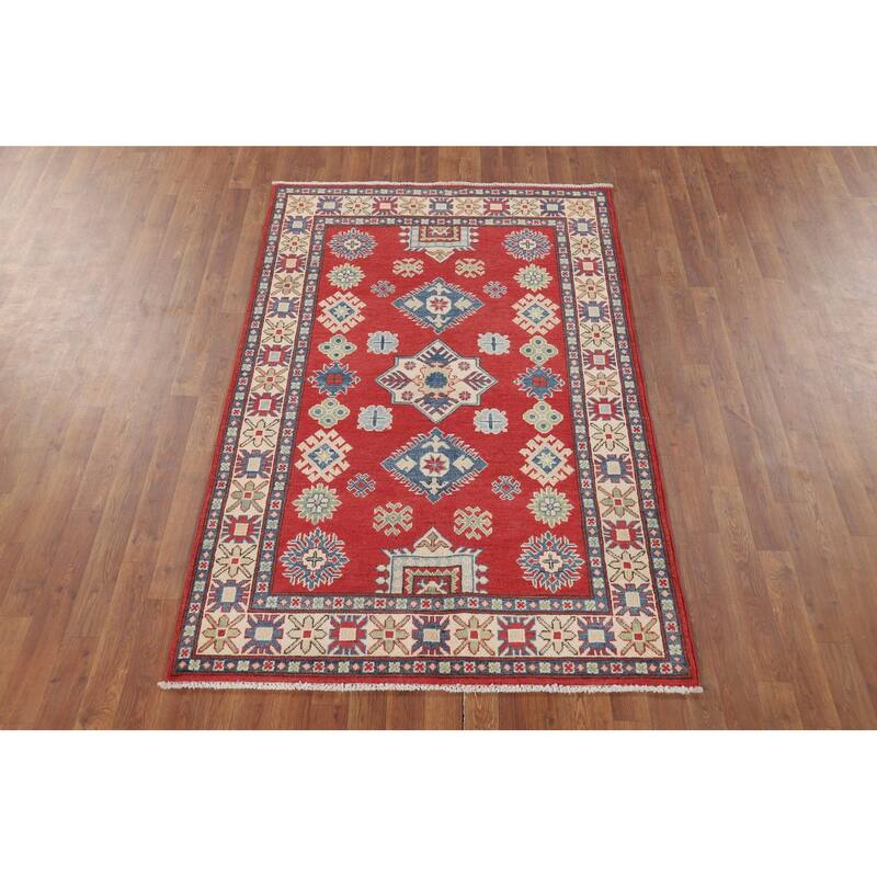 Red Geometric Kazak Oriental Accent Rug Hand-Knotted Wool Carpet - 3'11" x 6'3"