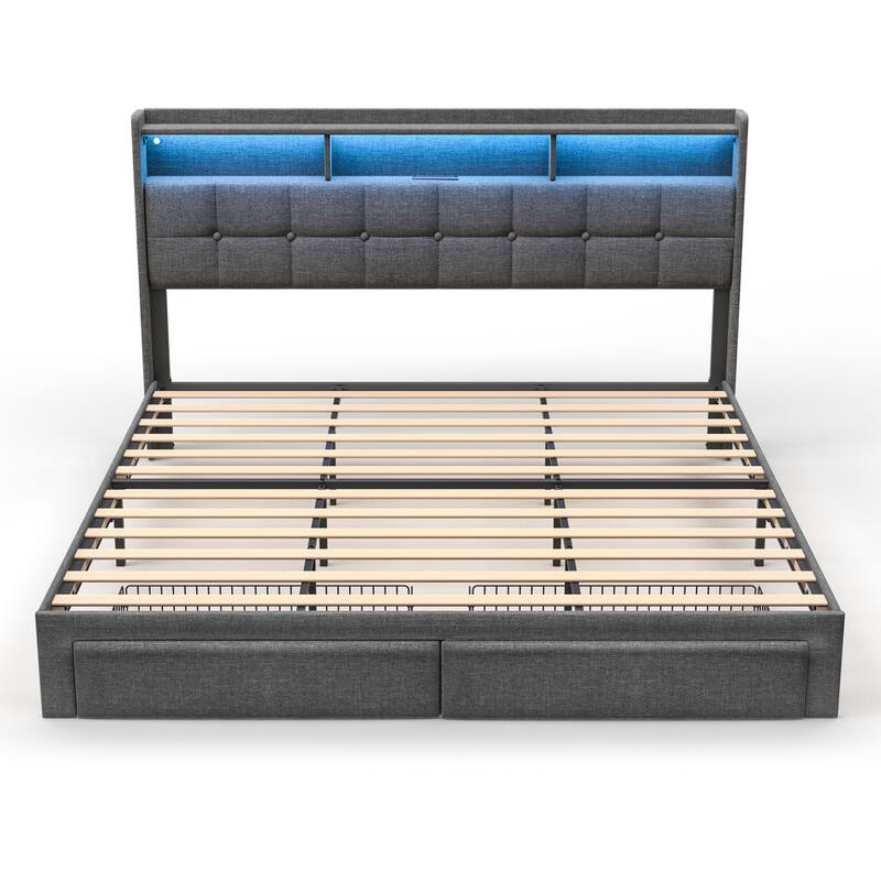 King Size Upholstered Platform Bed with LED Lights, Charging Station & Storage Headboard, No Box Spring Needed