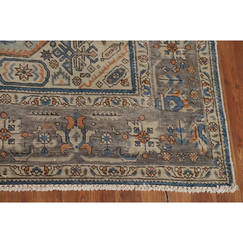 Green Geometric Tabriz Persian Area Rug Hand-Knotted Wool Carpet - 6'6"x 9'7"