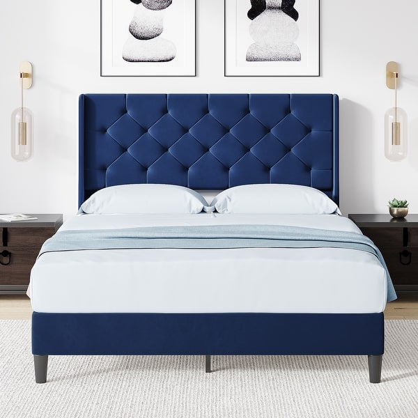 Blue Tufted Bed Frame with Wingback Headboard Strong Wood Slat Support