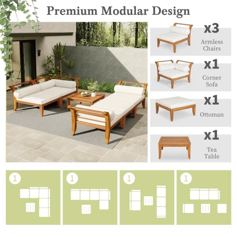 Patio 6-piece Acacia Modular Convertible Conversation Sofa Set with Ottoman and Pillows