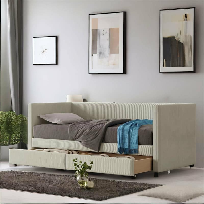 Corduroy Daybed Twin Size with Two Drawers and Wood Slat - Beige